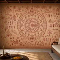 A large wall mural featuring a detailed Indian folk art style mandala and village scene in terracotta red on a warm beige background, shown installed in a rustic, sunlit room with a carved wooden sofa and a table in the foreground.