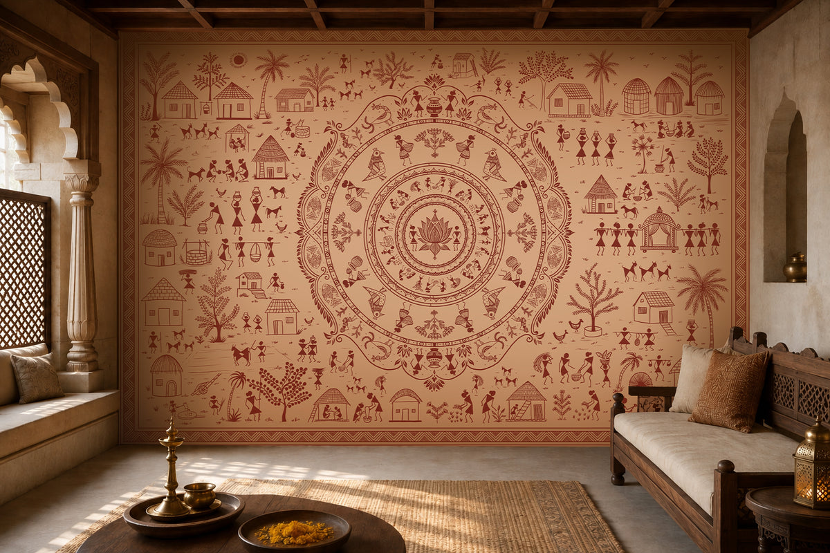 A large wall mural featuring a detailed Indian folk art style mandala and village scene in terracotta red on a warm beige background, shown installed in a rustic, sunlit room with a carved wooden sofa and a table in the foreground.