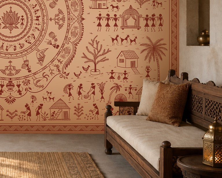 A styled interior scene featuring a large terracotta-colored wall mural with traditional Indian folk art illustrations, including figures, animals, houses, and motifs, paired with a carved wooden sofa and cushions in a warm, rustic room.