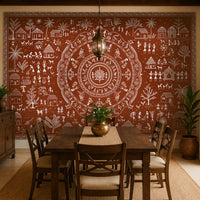 Warli tribal art in terracotta brown with ivory village, people, lotus and traditional folk motifs
