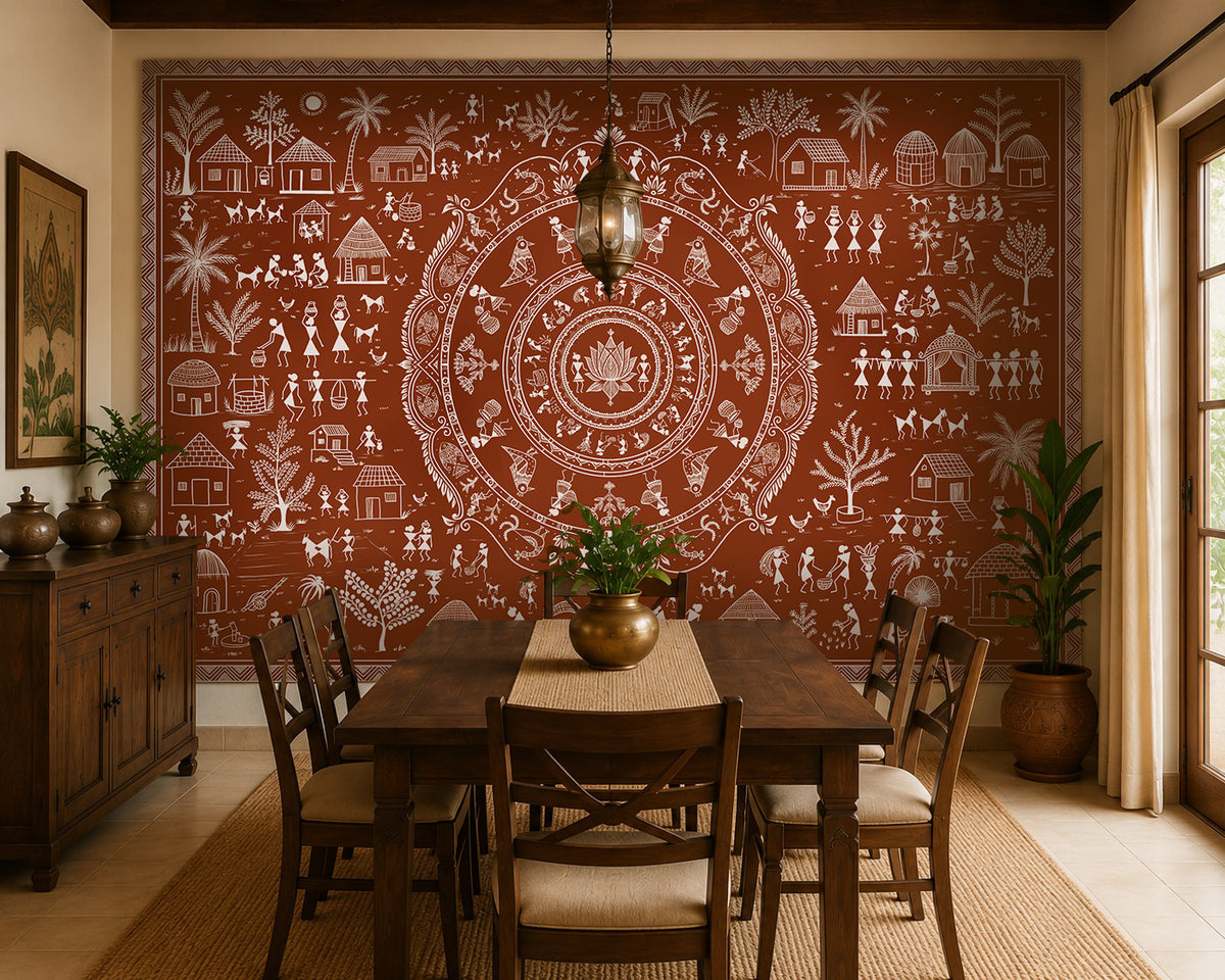 Warli tribal art in terracotta brown with ivory village, people, lotus and traditional folk motifs