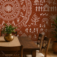Warli tribal art in terracotta brown with ivory village, people, lotus and traditional folk motifs