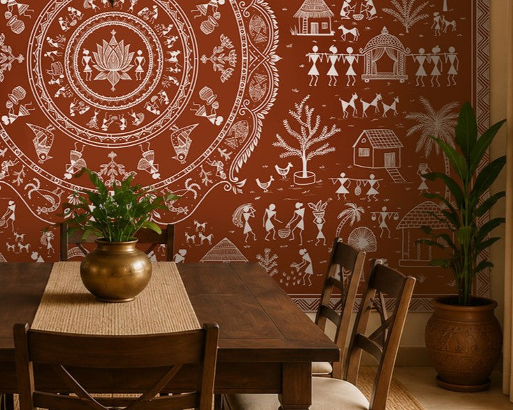 Warli tribal art in terracotta brown with ivory village, people, lotus and traditional folk motifs