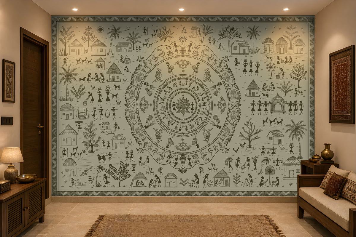 A large wall mural featuring an intricate circular mandala and folk-art style illustration in dark gray on a pale blue-green background, displayed in a modern living room setting with a sofa, wooden furniture, and a rug.