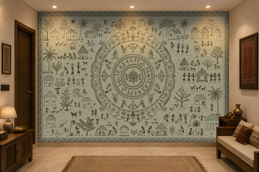 A large wall mural featuring an intricate circular mandala and folk-art style illustration in dark gray on a pale blue-green background, displayed in a modern living room setting with a sofa, wooden furniture, and a rug.