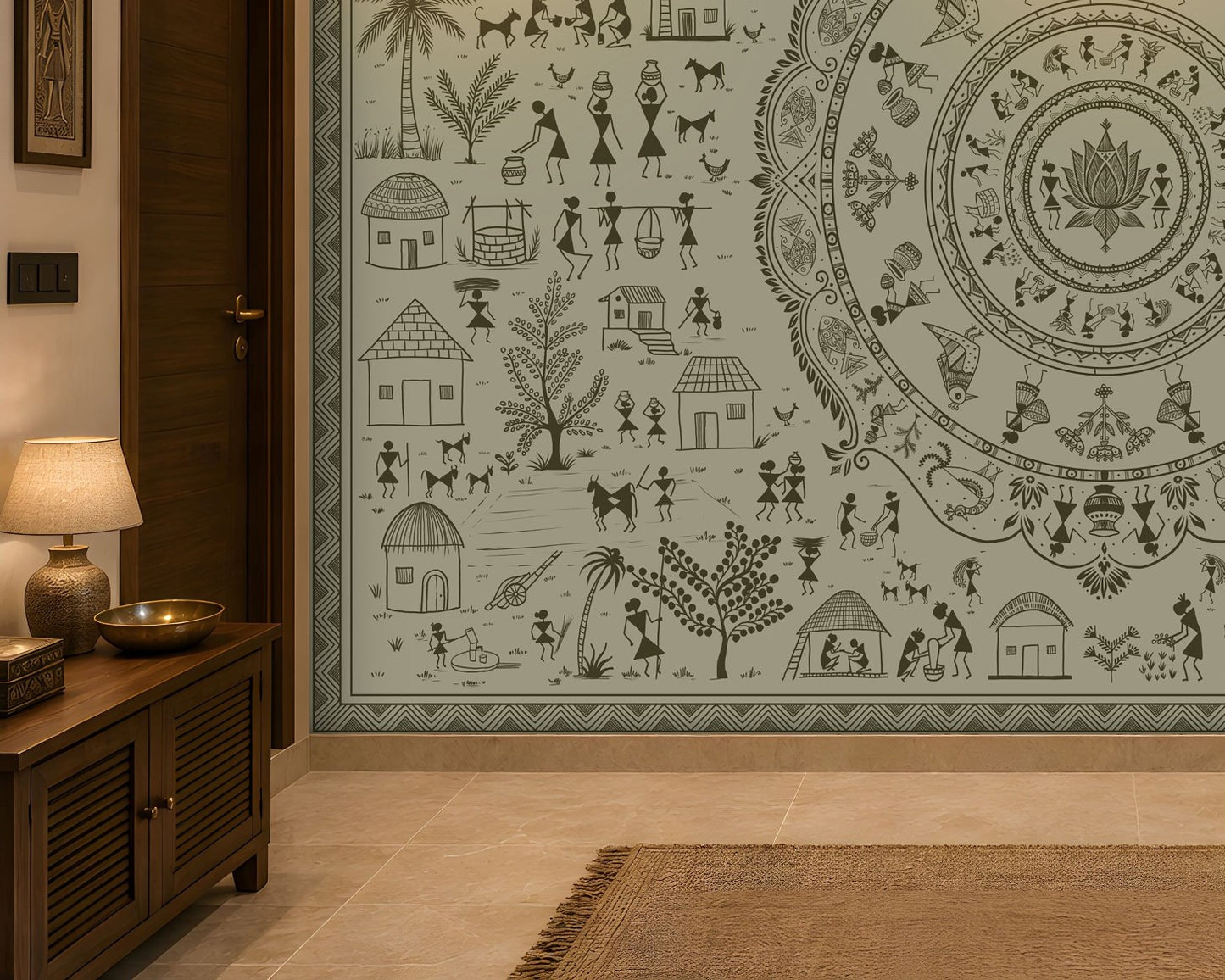 A large wall mural featuring intricate black tribal-style illustrations on a pale sage green background, shown installed in a warm-toned interior hallway with a wooden cabinet, lamp, and rug.