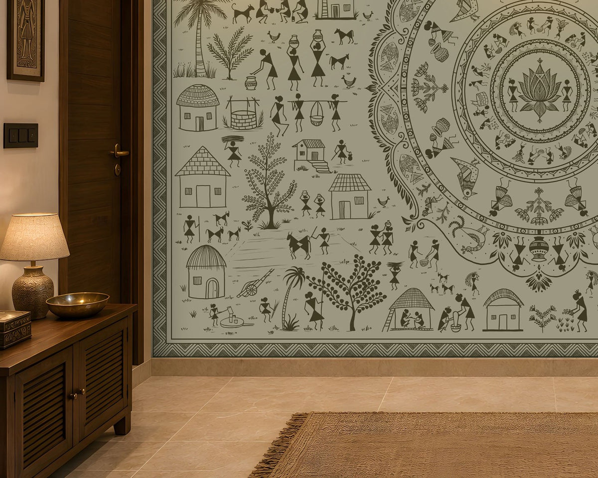 A large wall mural featuring intricate black tribal-style illustrations on a pale sage green background, shown installed in a warm-toned interior hallway with a wooden cabinet, lamp, and rug.
