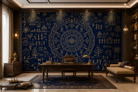 A large wall mural or wallpaper featuring an intricate navy blue and gold traditional circular mandala design with figures, houses, and trees, shown in a styled study with a wooden desk, chair, and sofa.