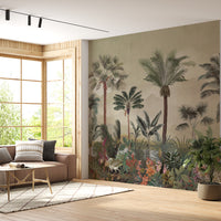Green and beige tropical palm retreat mural wallpaper botanical landscape design in modern living room.