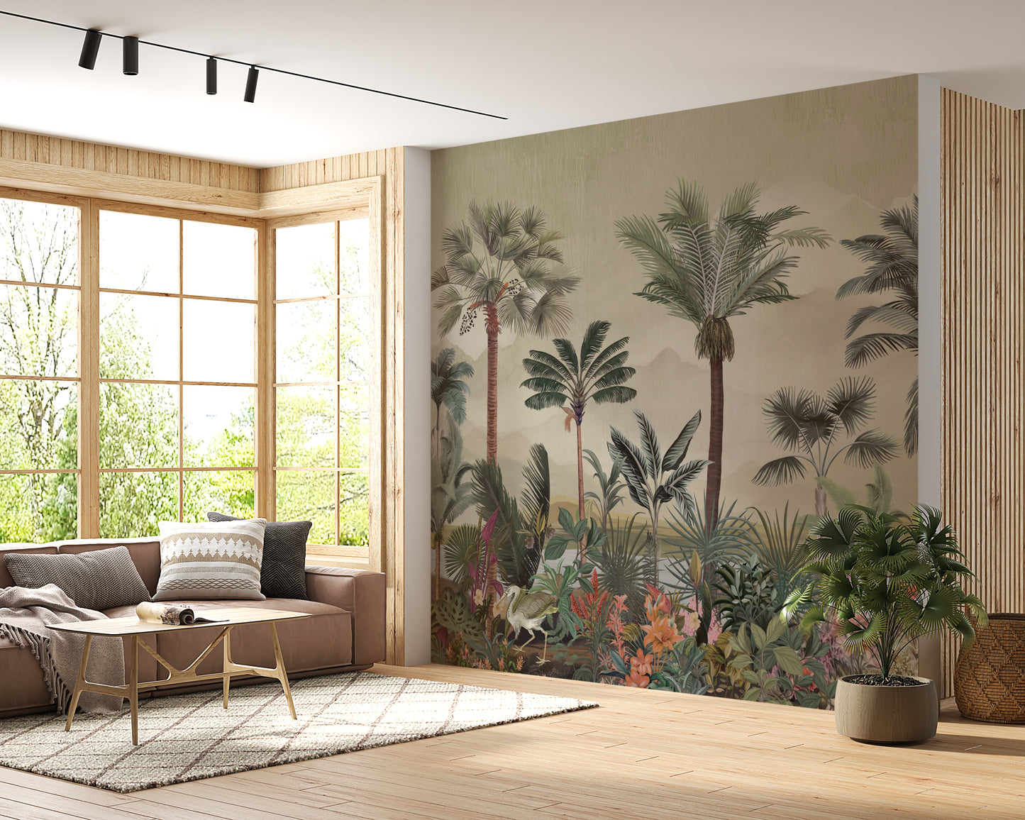 Green and beige tropical palm retreat mural wallpaper botanical landscape design in modern living room.