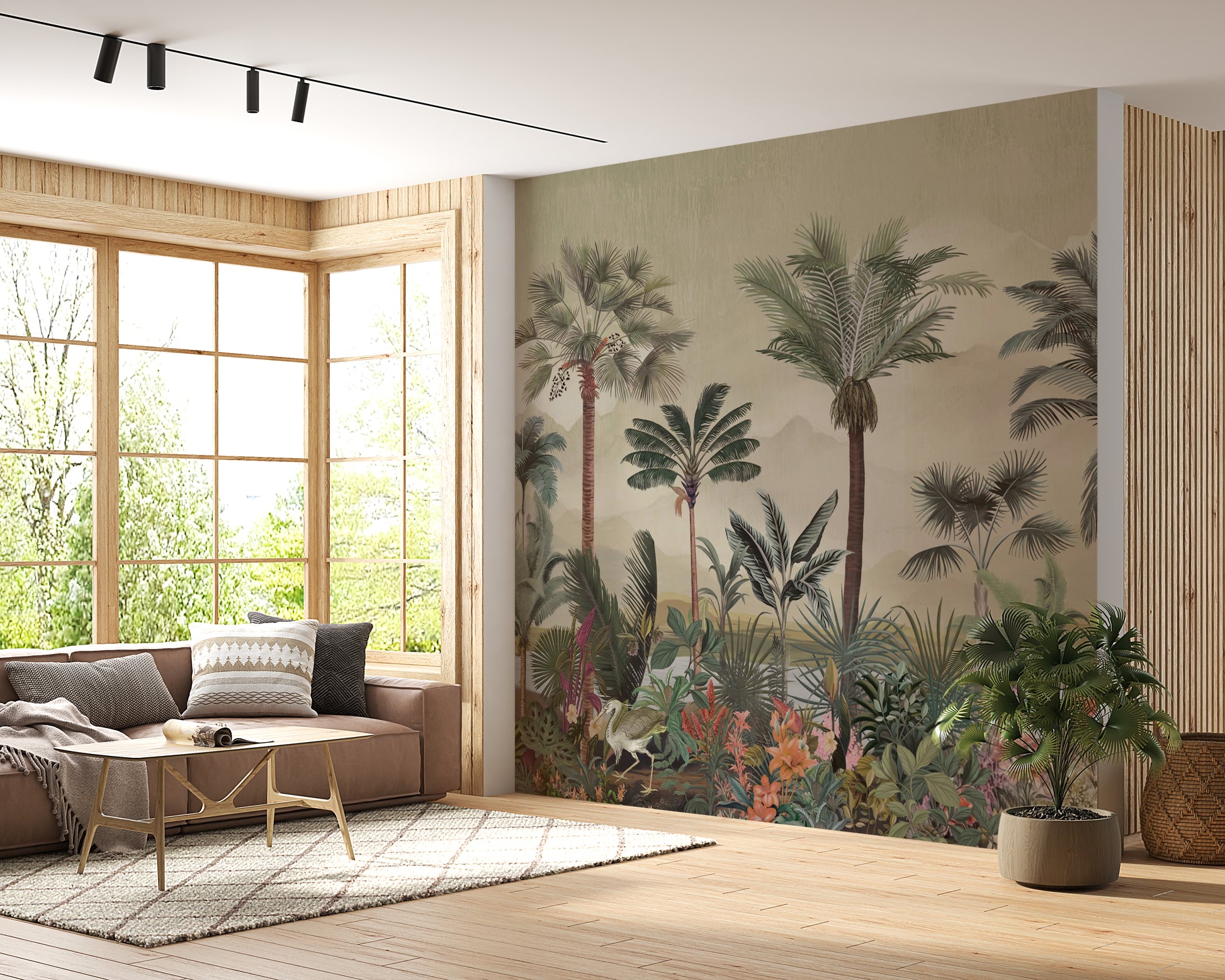 Green and beige tropical palm retreat mural wallpaper botanical landscape design in modern living room.
