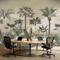 Modern office with a large wall mural of tropical palm trees and plants.