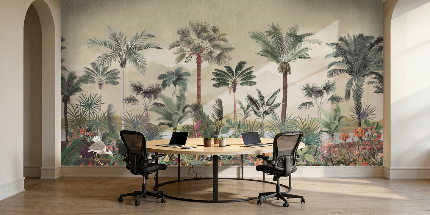 Modern office with a large wall mural of tropical palm trees and plants.