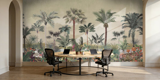 Modern office with a large wall mural of tropical palm trees and plants.