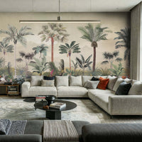 Green and beige tropical palm retreat mural wallpaper botanical landscape design in modern living room.