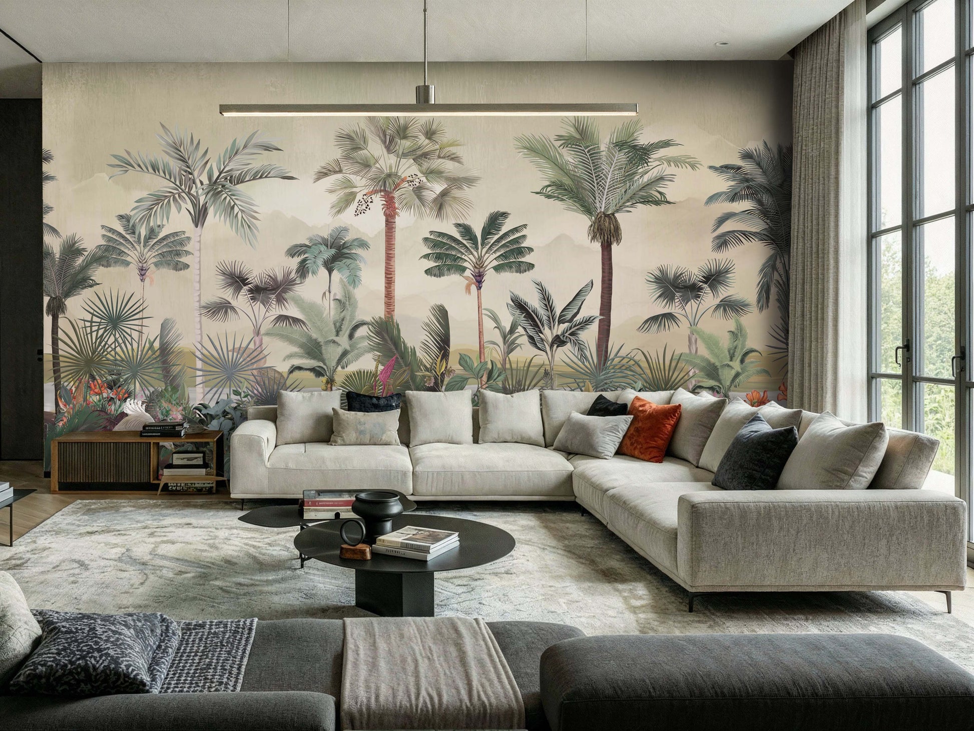 Green and beige tropical palm retreat mural wallpaper botanical landscape design in modern living room.