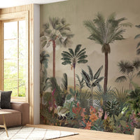 Green and beige tropical palm retreat mural wallpaper botanical landscape design in modern living room.