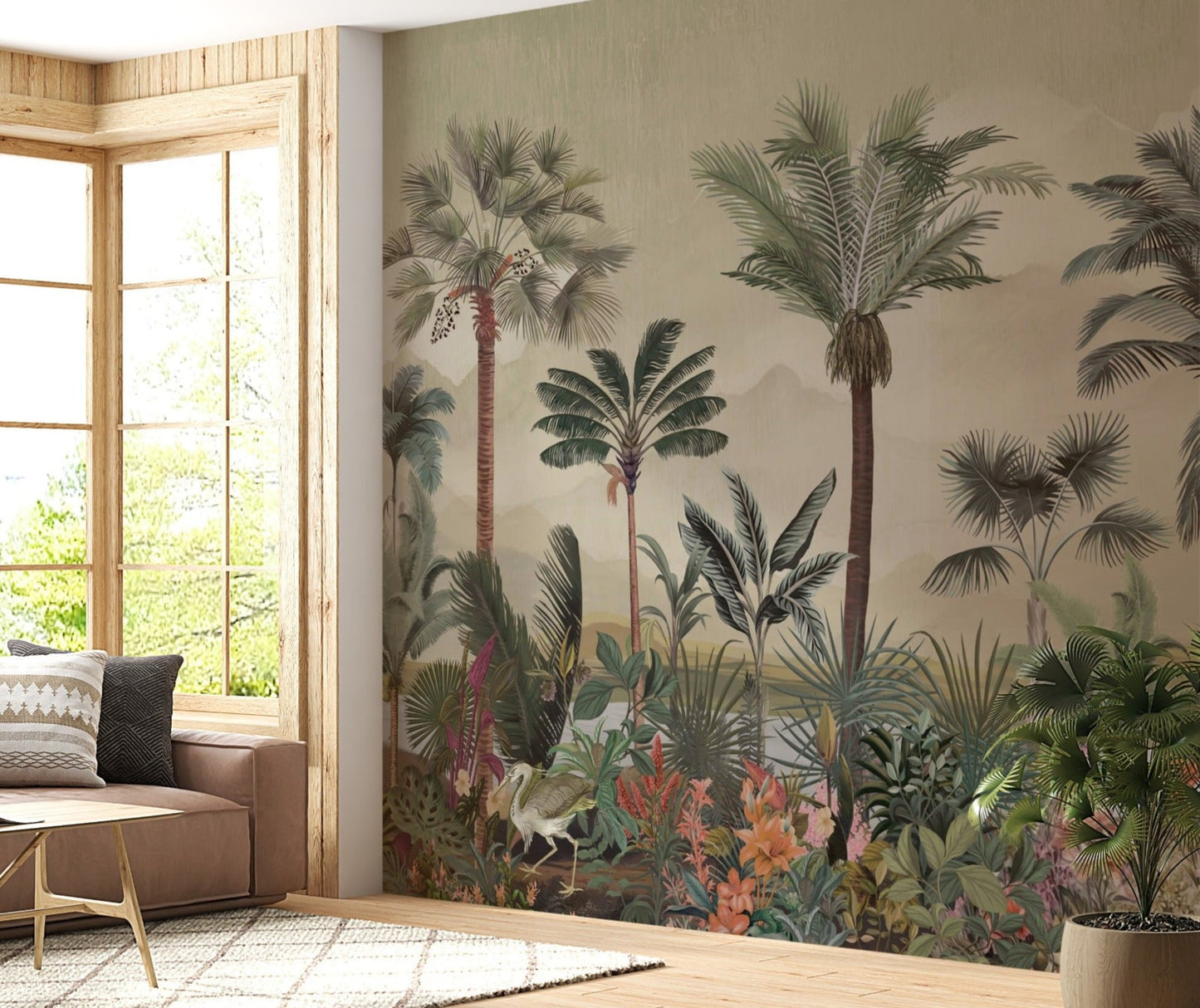 Green and beige tropical palm retreat mural wallpaper botanical landscape design in modern living room.