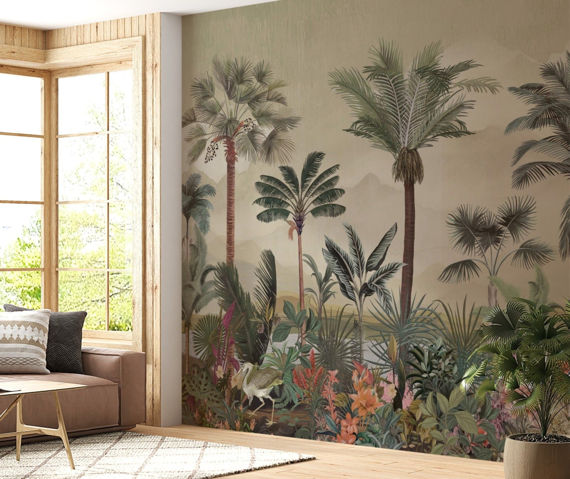 Green and beige tropical palm retreat mural wallpaper botanical landscape design in modern living room.