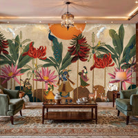 Abstract Pichwai Krishna Gopi mural wallpaper in gold and terracotta tones with lotus flowers, peacocks and traditional Indian art style for luxury interiors
