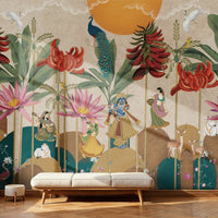 Luxury Krishna Pichwai mural wallpaper featuring Lord Krishna, lotus flowers, peacocks, tropical foliage, cows, and traditional Indian motifs in a modern artistic composition. This designer wall mural blends heritage Pichwai art with contemporary interior aesthetics, perfect for luxury living rooms, hotel interiors, and statement walls.
