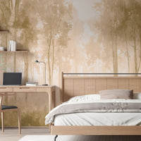 Warm sepia gold forest mural wallpaper with golden woodland glow colour installed as a feature wall in living room, dining room, and bedroom interiors.