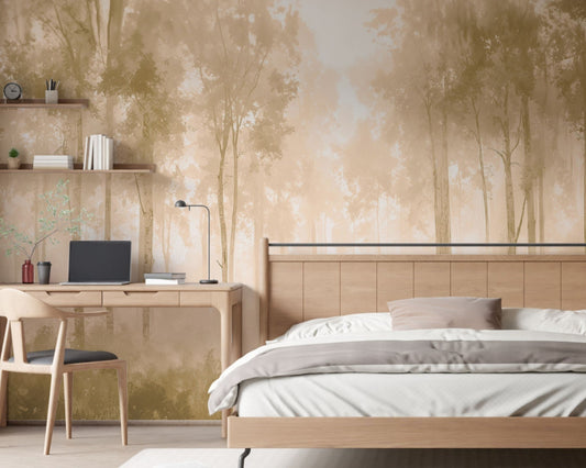 Warm sepia gold forest mural wallpaper with golden woodland glow colour installed as a feature wall in living room, dining room, and bedroom interiors.
