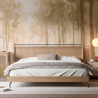 Warm sepia gold forest mural wallpaper with golden woodland glow colour installed as a feature wall in living room, dining room, and bedroom interiors.