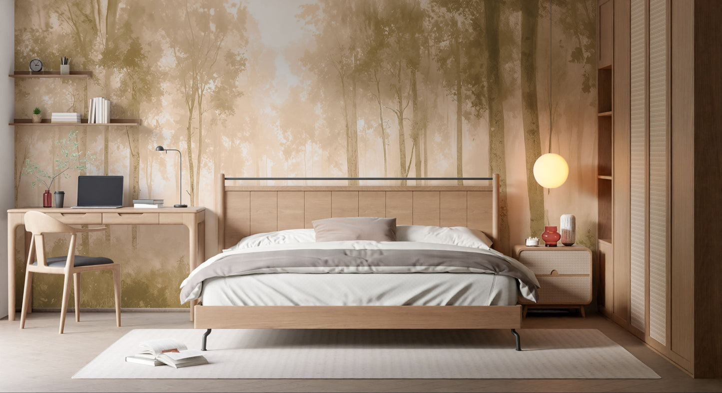 Warm sepia gold forest mural wallpaper with golden woodland glow colour installed as a feature wall in living room, dining room, and bedroom interiors.