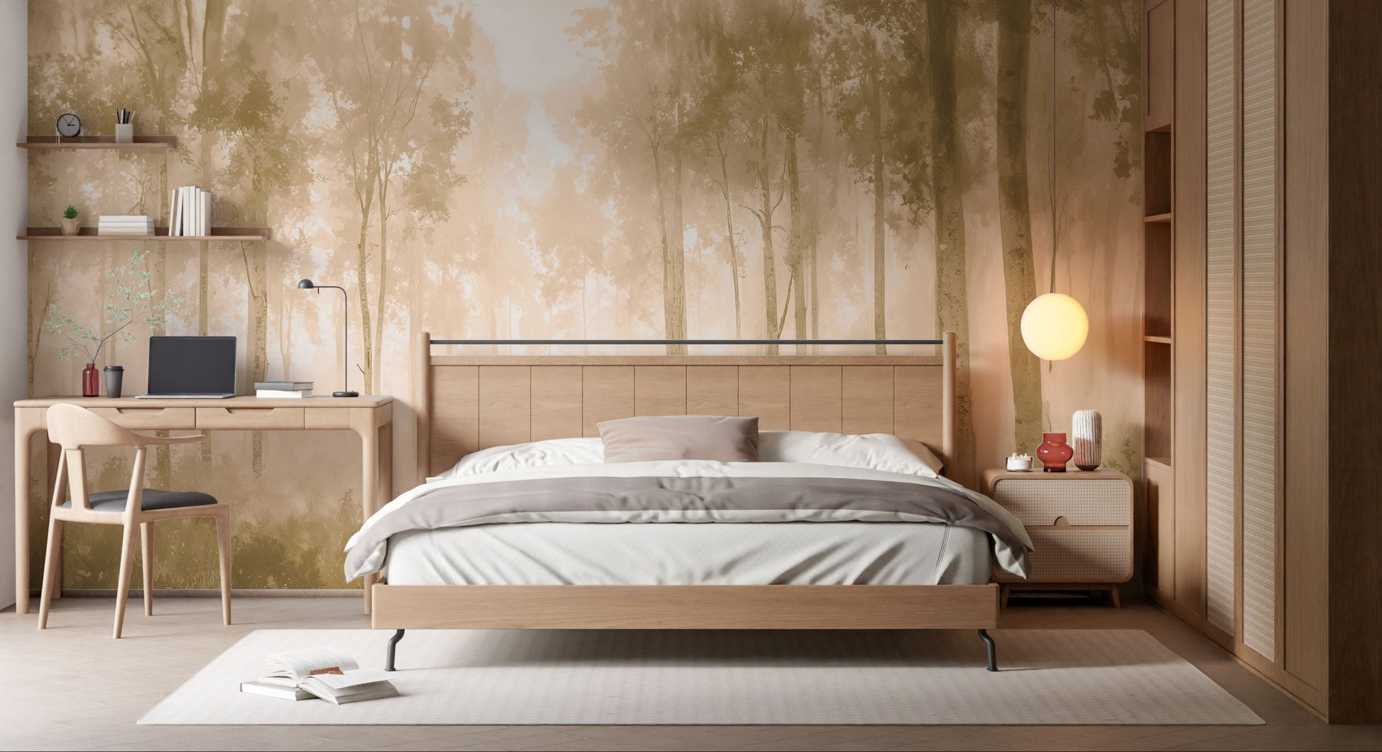 Warm sepia gold forest mural wallpaper with golden woodland glow colour installed as a feature wall in living room, dining room, and bedroom interiors.