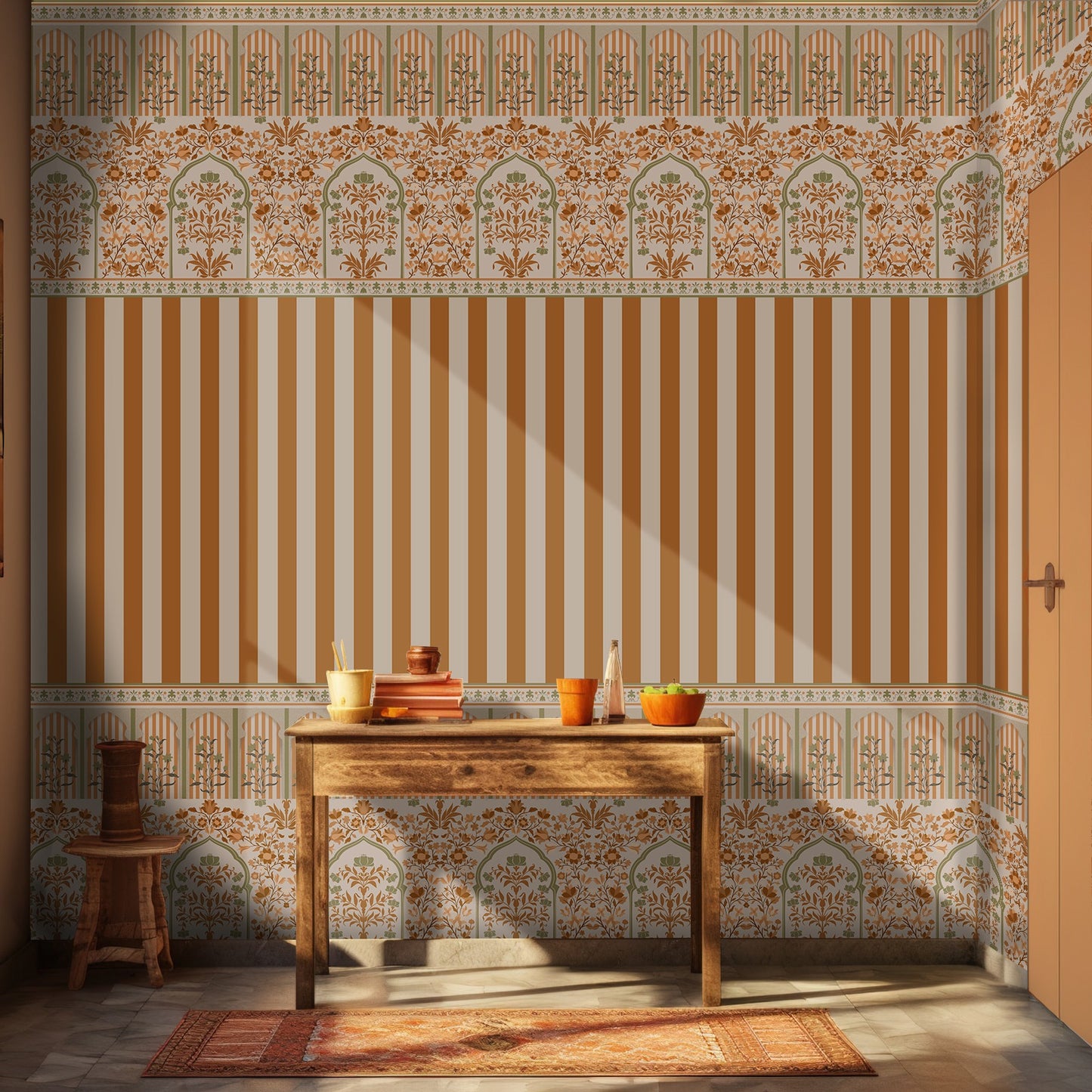 1354_DA Rajmahal Floral Stripe Wallpaper, Blue Palace Wall