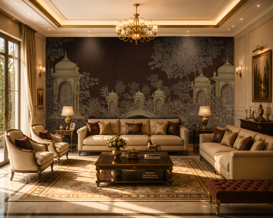 1428_DA_Palatial Garden Retreat Wallpaper, Chocolate Brown, Luxury Wall Mural.