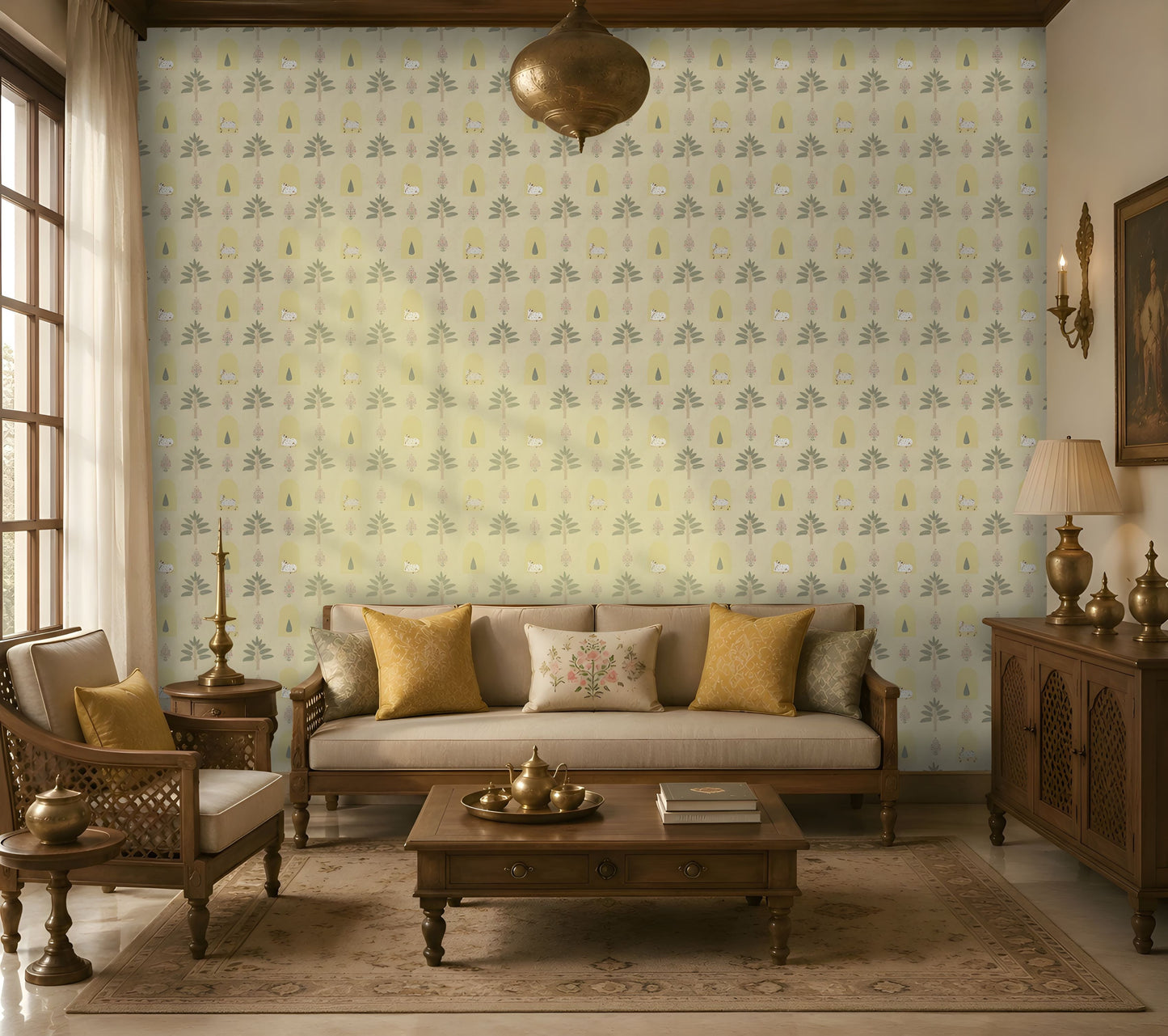 A warm, elegant living room with traditional wooden furniture and a soft floral-patterned wallpaper in muted yellow, sage green, and blush tones. A wooden sofa with beige upholstery and mustard accent cushions sits against the feature wall, complemented by a matching armchair, coffee table, sideboard, brass décor, and classic lighting. Large windows fill the space with natural light, creating a cozy and refined atmosphere.
