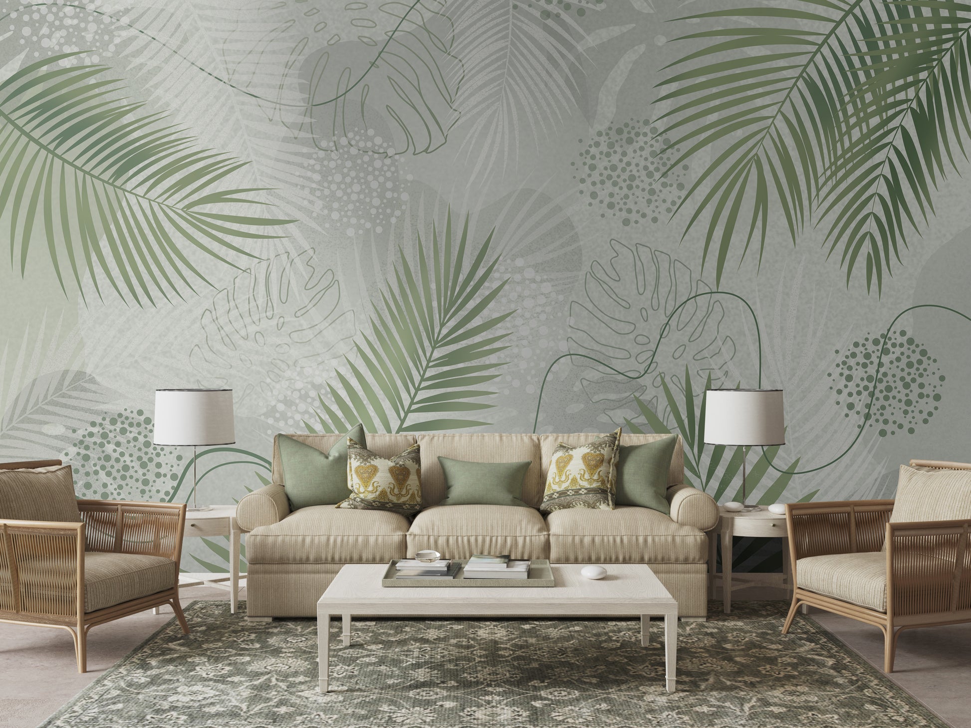 An architectural perspective of a contemporary living room featuring the Whispering Palms Mural as a full-scale feature wall. The mural’s soft green tones pair elegantly with a beige fabric sofa, rattan accent chairs, and a traditional patterned rug, creating a serene and balanced interior sanctuary.