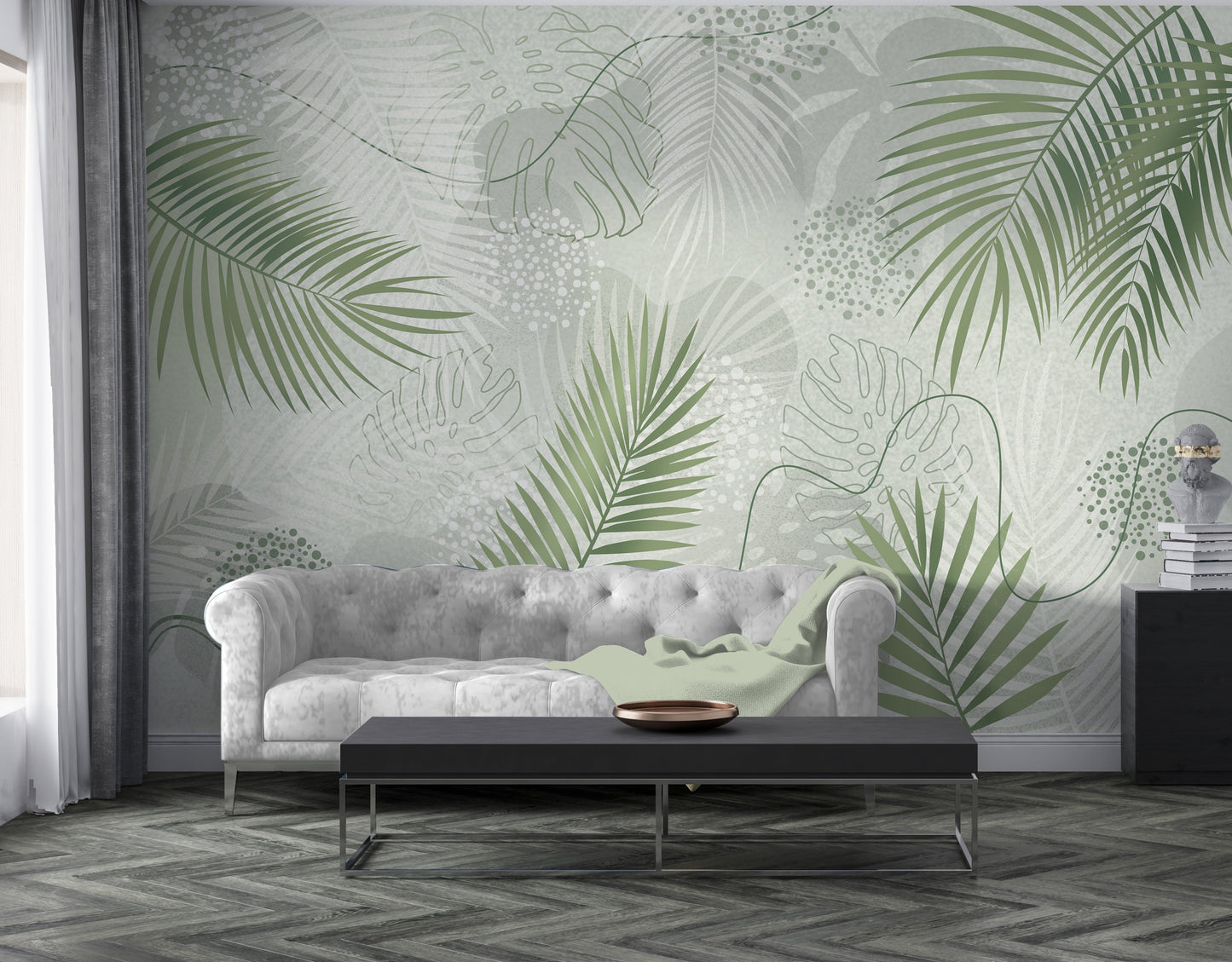 An architectural perspective of a contemporary living room featuring the Whispering Palms Mural as a full-scale feature wall. The mural’s soft green tones pair elegantly with a beige fabric sofa, rattan accent chairs, and a traditional patterned rug, creating a serene and balanced interior sanctuary.