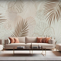 An architectural perspective of a contemporary living room featuring the Whispering Palms Mural as a full-scale feature wall. The mural’s soft brown and gray tones pair elegantly with a beige fabric sofa, minimalist wooden furniture, and neutral textiles, creating a serene and balanced interior sanctuary.
