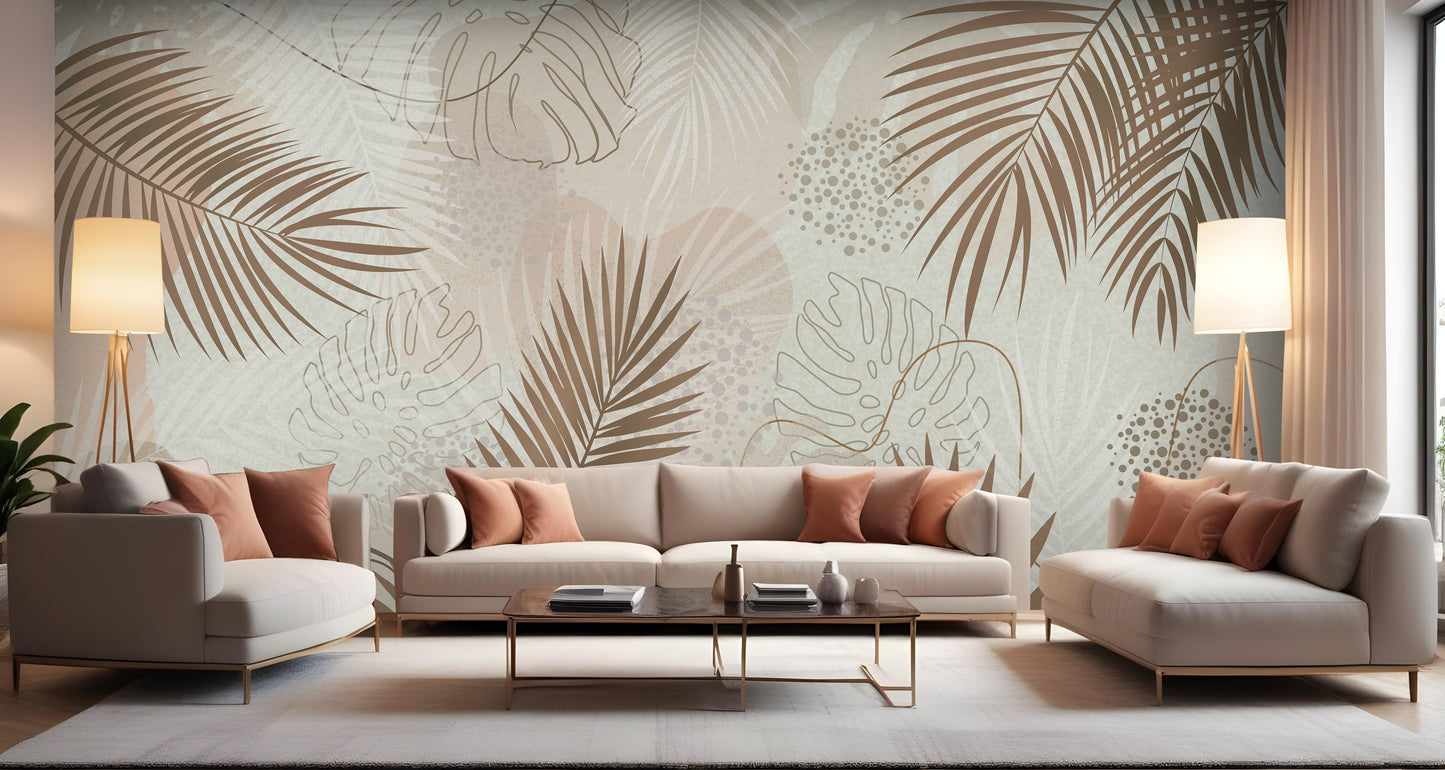 An architectural perspective of a contemporary living room featuring the Whispering Palms Mural as a full-scale feature wall. The mural’s soft brown and gray tones pair elegantly with a beige fabric sofa, minimalist wooden furniture, and neutral textiles, creating a serene and balanced interior sanctuary.
