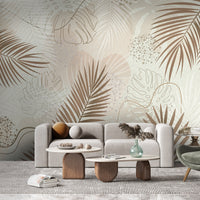 An architectural perspective of a contemporary living room featuring the Whispering Palms Mural as a full-scale feature wall. The mural’s soft brown and gray tones pair elegantly with a beige fabric sofa, minimalist wooden furniture, and neutral textiles, creating a serene and balanced interior sanctuary.