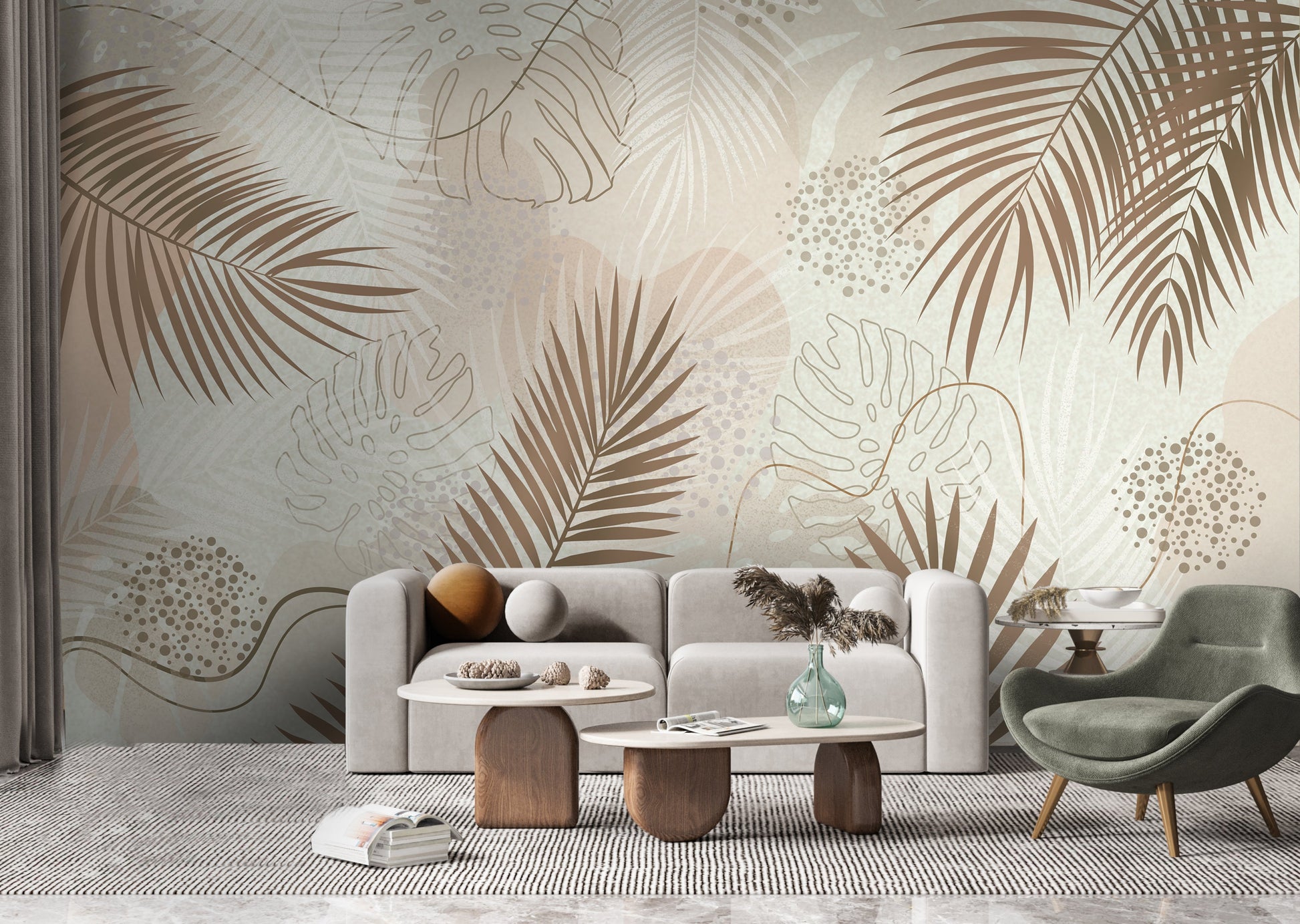 An architectural perspective of a contemporary living room featuring the Whispering Palms Mural as a full-scale feature wall. The mural’s soft brown and gray tones pair elegantly with a beige fabric sofa, minimalist wooden furniture, and neutral textiles, creating a serene and balanced interior sanctuary.