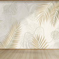 An architectural perspective of a contemporary living room featuring the Whispering Palms Mural as a full-scale feature wall. The mural’s warm neutral tones pair elegantly with cream-colored upholstery, natural wood furniture, and woven organic textiles, creating a serene and balanced interior sanctuary.