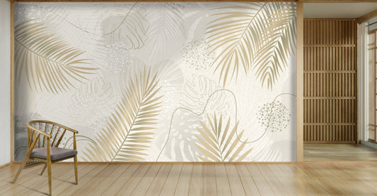 An architectural perspective of a contemporary living room featuring the Whispering Palms Mural as a full-scale feature wall. The mural’s warm neutral tones pair elegantly with cream-colored upholstery, natural wood furniture, and woven organic textiles, creating a serene and balanced interior sanctuary.