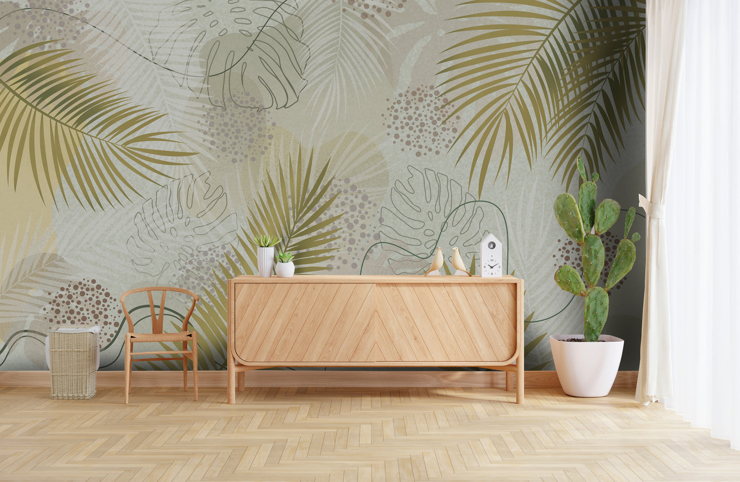An architectural perspective of a contemporary living room featuring the Whispering Palms Mural in Tea Green as a full-scale feature wall. The mural’s light green and neutral gray tones pair elegantly with a cream-colored fabric sofa, light oak furniture, and minimalist decor, creating a serene and balanced interior sanctuary.