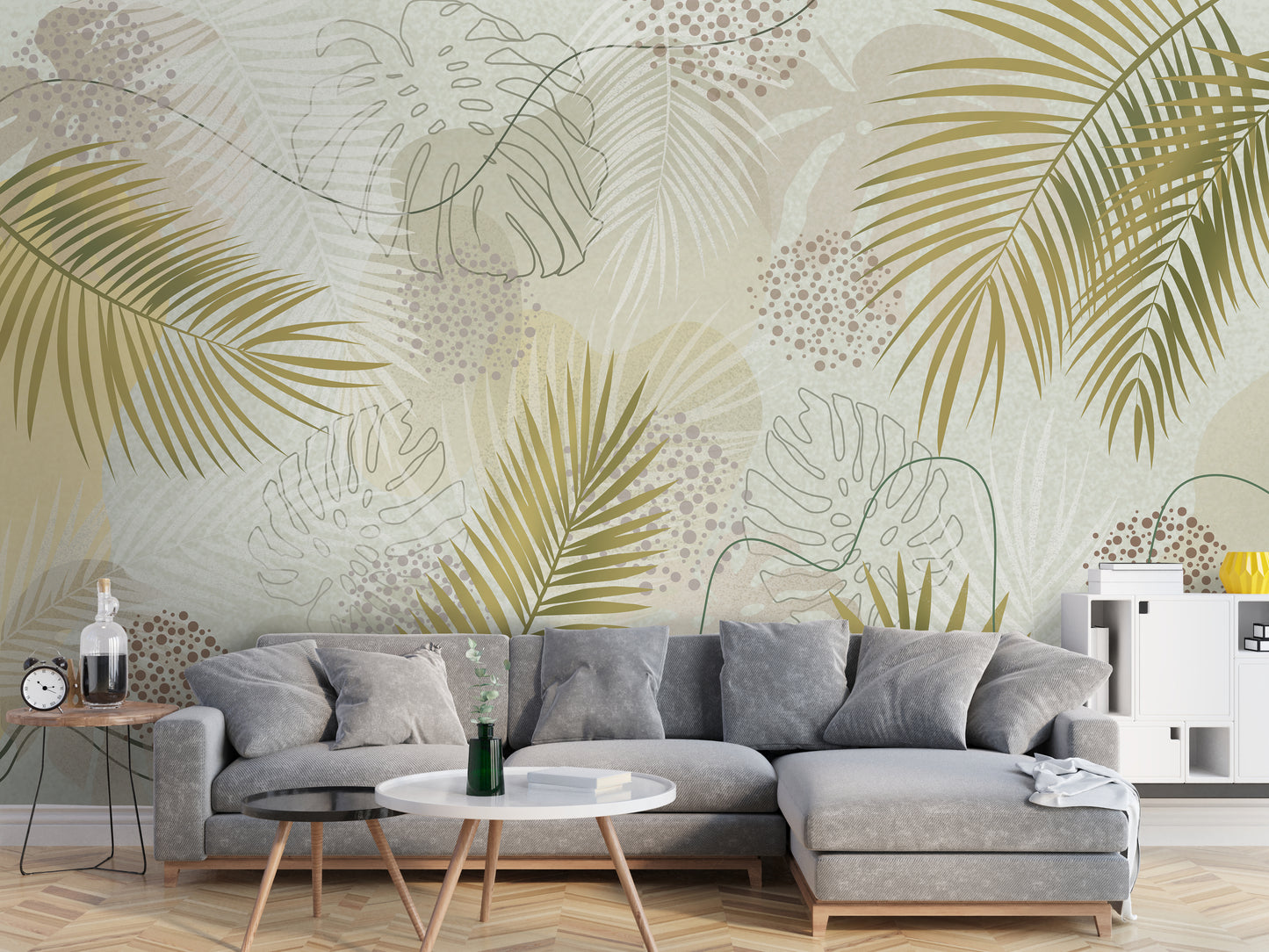 An architectural perspective of a contemporary living room featuring the Whispering Palms Mural in Tea Green as a full-scale feature wall. The mural’s light green and neutral gray tones pair elegantly with a cream-colored fabric sofa, light oak furniture, and minimalist decor, creating a serene and balanced interior sanctuary.
