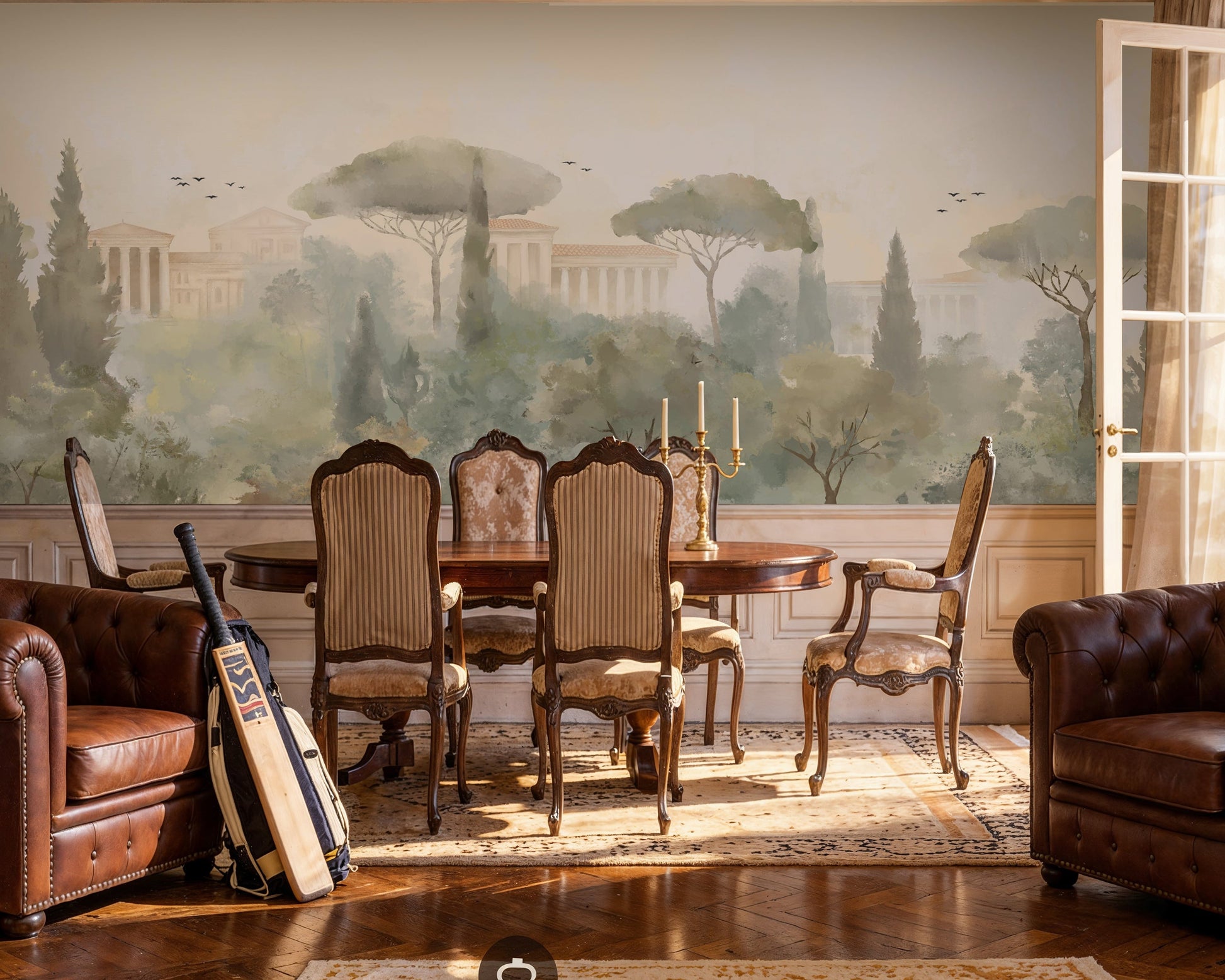 An architectural perspective of a grand traditional dining room featuring the Whispers of Rome Floral Mural as a full-scale panoramic backdrop. The mural’s soft, atmospheric colors create a sophisticated "framed view" that pairs perfectly with classic leather chesterfield seating, antique wooden furniture, and ornate wainscoting.