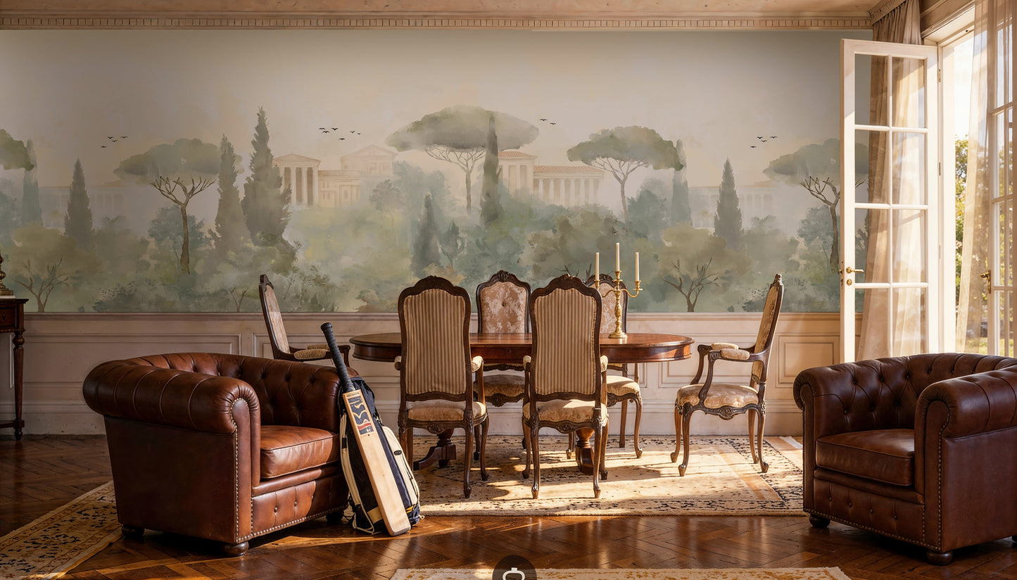 An architectural perspective of a grand traditional dining room featuring the Whispers of Rome Floral Mural as a full-scale panoramic backdrop. The mural’s soft, atmospheric colors create a sophisticated "framed view" that pairs perfectly with classic leather chesterfield seating, antique wooden furniture, and ornate wainscoting.
