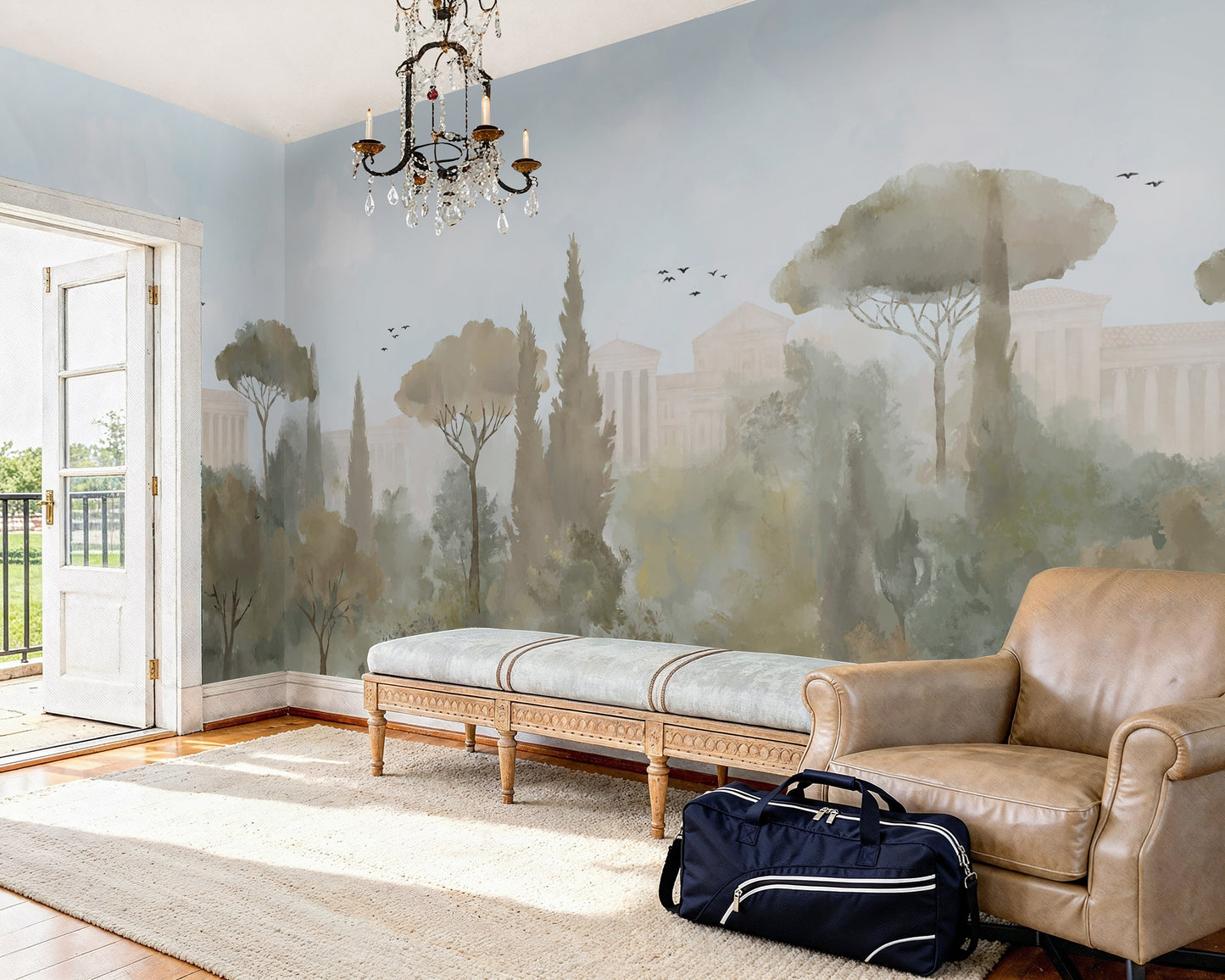An architectural perspective of a grand traditional dining room featuring the Whispers of Rome Mural in Sky Blue as a full-scale panoramic backdrop. The mural’s soft, atmospheric colors create a sophisticated "framed view" that pairs perfectly with classic leather chesterfield seating, antique wooden furniture, and light-filled interiors.