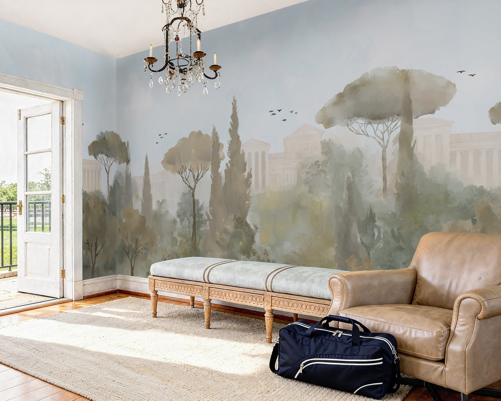 An architectural perspective of a grand traditional dining room featuring the Whispers of Rome Mural in Sky Blue as a full-scale panoramic backdrop. The mural’s soft, atmospheric colors create a sophisticated "framed view" that pairs perfectly with classic leather chesterfield seating, antique wooden furniture, and light-filled interiors.
