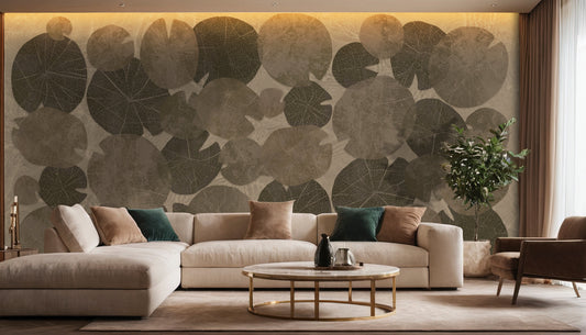 An architectural perspective of a modern luxury living room featuring the Whispers of the Pond Mural as a full-scale feature wall behind a large cream sectional sofa. The mural’s rhythmic, circular patterns create a sense of organic movement and tranquility, pairing perfectly with gold accents, velvet upholstery, and warm ambient lighting.