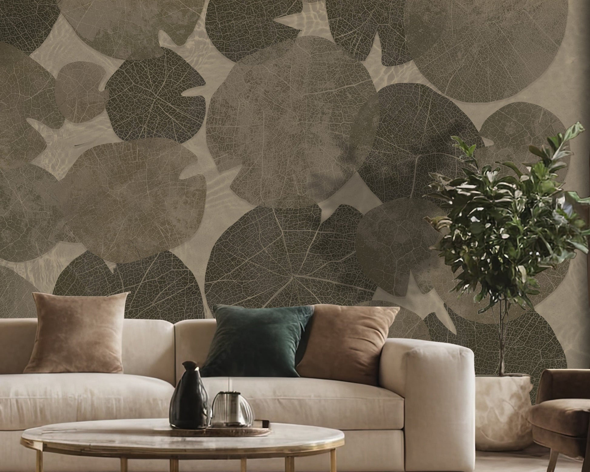 A high-resolution detail of the Whispers of the Pond Nature Wallpaper, showcasing the intricate, lace-like skeletal structures and detailed veining of the overlapping lily pads. The image highlights the sophisticated interplay between the dark charcoal leaf patterns and the warm, textured beige background.