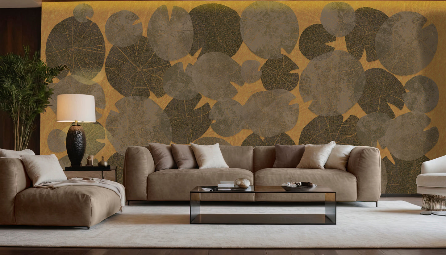An architectural perspective of a modern luxury living room featuring the Whispers of the Pond Mural in Gold as a full-scale feature wall behind a large sectional sofa. The mural’s rhythmic, circular patterns create a sense of organic movement and tranquility, pairing perfectly with brass accents, natural wood furniture, and warm ambient lighting.